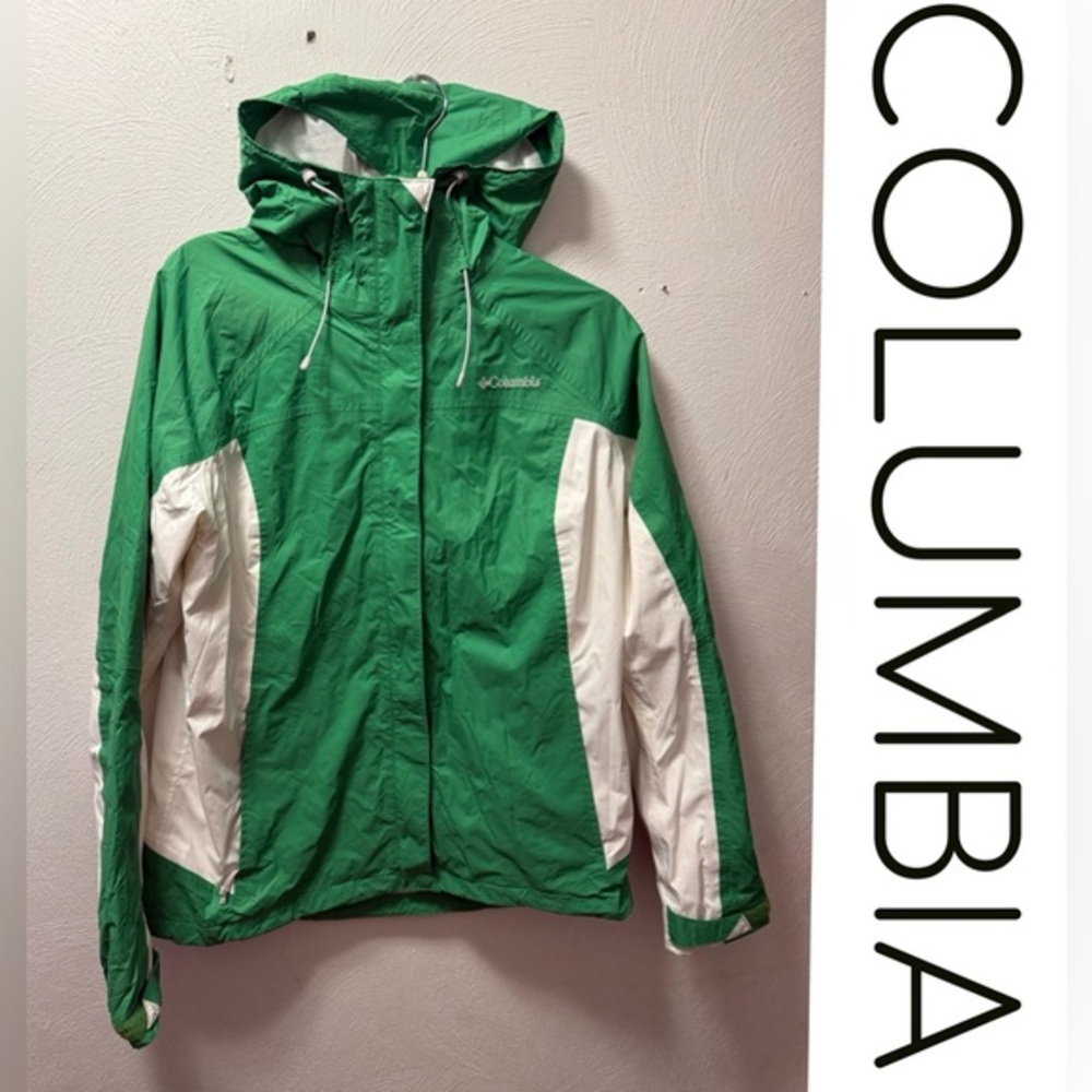 Columbia Green & White Hooded Windbreaker Rain Jacket Lightweight